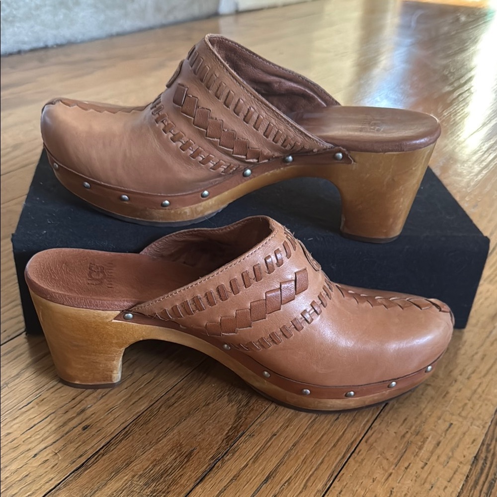 Tan Leather Clogs with Wooden Heel and Perforated Design